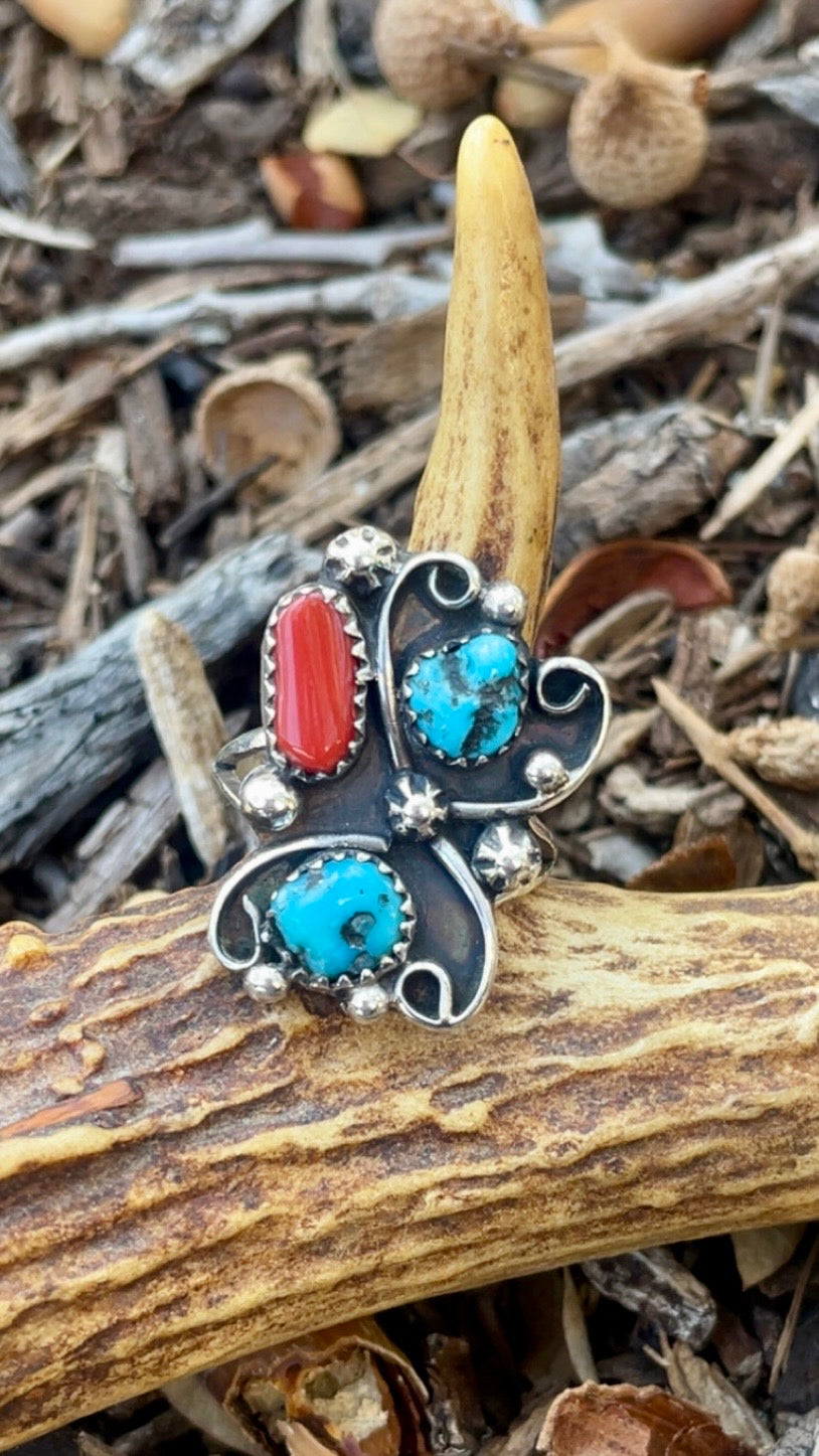 Turquoise & Coral Ring